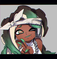 Rule 34 | 1girl, ;), black hair, cephalopod eyes, colored skin, dark-skinned female, dark skin, esu (transc), fang, green eyes, green hair, green skin, hand up, headband, headphones, letterboxed, long hair, looking at viewer, marina (splatoon), mole, mole under mouth, multicolored hair, multicolored skin, nintendo, octoling, one eye closed, parted lips, red pupils, sleeveless, smile, solo, splatoon (series), splatoon 2, splatoon 2: octo expansion, suction cups, sweater vest, teeth, tentacle hair, upper body, upper teeth only, v