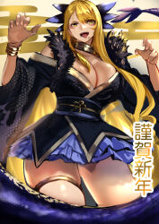 Rule 34 | 1girl, bare shoulders, black dress, blonde hair, blue skirt, bracelet, breasts, claw pose, cleavage, dark-skinned female, dark skin, dragon girl, dragon horns, dragon tail, dress, facial mark, fate/grand order, fate (series), fur collar, highres, horns, jewelry, jikihatiman, large breasts, long hair, long sleeves, looking at viewer, miniskirt, neck ring, off shoulder, open mouth, sharp teeth, skirt, smile, solo, swept bangs, tail, teeth, thighlet, thighs, tongue, tongue out, translation request, vritra (fate), yellow eyes
