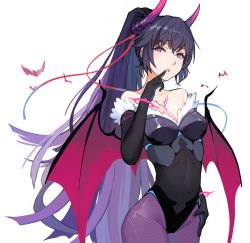 Rule 34 | 1girl, alternate costume, bare shoulders, bat (animal), black gloves, breasts, cleavage, cosplay, covered navel, demon girl, demon horns, demon wings, elbow gloves, finger to mouth, gloves, groin, highres, honkai (series), honkai impact 3rd, horns, kai1up, leotard, long hair, looking at viewer, medium breasts, nontraditional playboy bunny, pantyhose, playboy bunny, purple eyes, purple hair, purple pantyhose, raiden mei, raiden mei (lightning empress), solo, strapless, strapless leotard, white background, wings