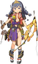 Rule 34 | 1girl, arrow (projectile), artist request, blue eyes, blue hair, bow (weapon), braid, broken, broken arrow, broken weapon, earrings, full body, gloves, hair ornament, holding, holding arrow, holding bow (weapon), holding weapon, jewelry, obi (oshiro project), official art, oshiro project:re, oshiro project:re, panties, partially fingerless gloves, partly fingerless gloves, pleated skirt, quiver, short sleeves, skirt, solo, tearing up, torn clothes, transparent background, twintails, underwear, weapon, yugake