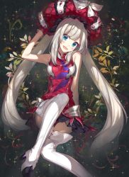 Rule 34 | 1girl, :d, blue eyes, chocoan, fate/grand order, fate (series), gloves, hat, long hair, marie antoinette (fate), md5 mismatch, open mouth, resolution mismatch, silver hair, sitting, sleeveless, smile, solo, source larger, thighhighs, very long hair, zettai ryouiki