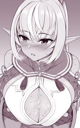 Rule 34 | 1girl, after paizuri, blush, breasts, breasts squeezed together, breath, cleavage, cum, dark elf, elf, embarrassed, gloves, hololive, looking to the side, open mouth, partially fingerless gloves, pointy ears, shiranui flare, uni8, virtual youtuber