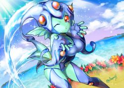 Rule 34 | 1girl, blue sky, breasts, clothing cutout, colored skin, digimon, frog girl, green skin, helmet, navel cutout, ocean, one-piece swimsuit, one eye closed, ranamon, red eyes, shiny skin, sky, solo, swimsuit, water, wink