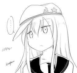 Rule 34 | ..., 1girl, empty eyes, greyscale, hair between eyes, hammer and sickle, hat, hibiki (kancolle), kantai collection, long hair, looking at viewer, monochrome, sailor collar, sailor shirt, shirt, spoken ellipsis, taurine 8000mg, translation request, twitter username, verniy (kancolle)