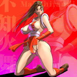 Rule 34 | 1girl, areola slip, bad id, bad pixiv id, breasts, brown eyes, cosine, fatal fury, highres, huge breasts, king, kneeling, large breasts, nipple slip, nipples, pelvic curtain, ponytail, revealing clothes, shiranui mai, sideboob, snk, solo, the king of fighters, zoom layer