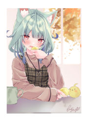 Rule 34 | 1girl, animal ear fluff, animal ears, apron, blue hair, blush, border, brown apron, brown sweater, cat ears, commentary request, cup, eating, eyes visible through hair, fang, food, food on face, green hair, highres, holding, holding food, hololive, long hair, long sleeves, looking at viewer, moizumi shipon, multicolored hair, open mouth, piyoko (uruha rushia), plaid, plaid apron, red eyes, short twintails, signature, skin fang, solo, streaked hair, sweater, twintails, uruha rushia, virtual youtuber