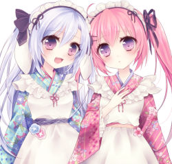 Rule 34 | 2girls, :d, ahoge, blue hair, floral print, hand up, looking at viewer, maid, multiple girls, nako (7cona5), open mouth, pink hair, purple eyes, smile, standing, twintails, wa maid