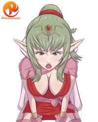 Rule 34 | 1girl, artist name, breasts, cape, cleavage, dress, female focus, fire emblem, fire emblem awakening, green hair, grey eyes, hair ornament, highres, large breasts, long hair, looking at viewer, nintendo, open mouth, patreon, pointy ears, ponytail, red dress, reit, shiny skin, sitting, solo, spread legs, tiki (fire emblem), watermark, web address, white background