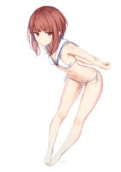Rule 34 | 10s, 1girl, a.t. zero, arms behind back, bare legs, barefoot, bent over, bikini, breasts, brown eyes, brown hair, female focus, full body, highres, kantai collection, leaning forward, looking at viewer, navel, sailor bikini, sailor collar, short hair, side-tie bikini bottom, simple background, small breasts, smile, solo, standing, swimsuit, white background, white bikini, z3 max schultz (kancolle)