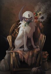 Rule 34 | absol, animal focus, artist name, blanket, bright pupils, chromatic aberration, claws, closed mouth, creatures (company), flower, flower pot, full body, game freak, gen 3 pokemon, highres, holding, holding flower, looking at viewer, mouth hold, nintendo, no humans, on chair, pokemon, pokemon (creature), pumpkin, red eyes, red flower, short hair, sidelocks, sitting, solo, squash, tenebscuro, watermark, white flower, white hair, white pupils, yellow flower
