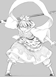 Rule 34 | &gt;:(, 1girl, dress, fighting stance, frown, grey background, greyscale, hair ornament, holding, holding spear, holding sword, holding weapon, lance, leaning forward, legs apart, long sleeves, looking at viewer, monochrome, o-ring, polearm, poronegi, puffy pants, ribbon, shoes, short hair, simple background, solo, spear, standing, sword, toramaru shou, touhou, v-shaped eyebrows, weapon