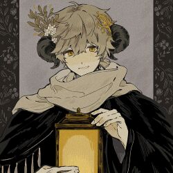 Rule 34 | 1boy, black border, black cloak, black horns, black jacket, border, brown hair, cloak, curled horns, flower, grey background, hair between eyes, hair flower, hair ornament, highres, holding, holding lantern, horns, jacket, lantern, leaf hair ornament, long sleeves, looking at viewer, low ponytail, male focus, original, outside border, parted lips, pillarboxed, scarf, short hair, simple background, smile, solo, tareme, upper body, white flower, white scarf, yellow eyes, yubetoup