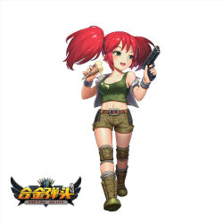 Rule 34 | 1girl, breasts, chinese commentary, copyright name, food, food on clothes, full body, green eyes, green footwear, green shorts, green tank top, gun, holding, holding food, holding gun, holding weapon, lisong shen, looking at viewer, medium breasts, medium hair, metal slug, nadia cassel, navel, open mouth, red hair, shorts, simple background, solo, standing, tank top, two side up, vest, weapon, white background, white vest
