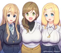 Rule 34 | 3girls, arms behind back, black shirt, blonde hair, blue eyes, blue ribbon, blue skirt, blue sweater, blush, breasts, brown hair, collar, commentary, crossover, fang, flower, green eyes, hair between eyes, hair flower, hair ornament, indie virtual youtuber, inuyama aoi, jewelry, k-on!, kotobuki tsumugi, lapels, large breasts, long hair, long sleeves, looking at viewer, medium hair, multiple girls, necklace, notched lapels, open mouth, ribbon, school uniform, shinonome megu, shirt, sidelocks, simple background, skirt, standing, straight hair, sweater, symbol-only commentary, thick eyebrows, twitter username, virtual youtuber, white background, white shirt, yellow skirt, yoshiwa tomo, yurucamp
