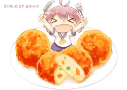 Rule 34 | &gt; &lt;, &gt;o&lt;, 10s, 1girl, ahoge, aoba (kancolle), artist name, bad id, bad pixiv id, chibi, croquette, dated, closed eyes, food, fork, hinata yuu, holding, holding fork, holding knife, kantai collection, knife, open mouth, purple hair, school uniform, serafuku, short sleeves, solo, white background