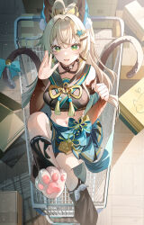 Rule 34 | 1girl, :d, ahoge, animal ears, animal feet, bare shoulders, black choker, black shirt, blonde hair, blue skirt, cat ears, cat tail, choker, commentary request, crop top, detached sleeves, fake animal ears, genshin impact, green eyes, hair ornament, hairclip, highres, kirara (genshin impact), leg warmers, legs, long hair, long sleeves, looking at viewer, miaogujun, midriff, miniskirt, multiple tails, navel, open mouth, shirt, shopping cart, skirt, smile, solo, stomach, tail, two tails
