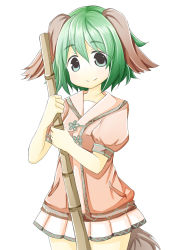 Rule 34 | 1girl, animal ears, bad id, bad pixiv id, bamboo broom, broom, dress, ellipsis (mitei), green eyes, green hair, kasodani kyouko, layered dress, looking at viewer, matching hair/eyes, pleated skirt, puffy short sleeves, puffy sleeves, short hair, short sleeves, simple background, skirt, smile, solo, tail, touhou, white background