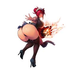 Rule 34 | 1girl, ass, bare shoulders, bent over, blue eyes, blush, breasts, curvy, detached collar, fire, fotia of fireside, from behind, full body, game cg, hair bun, high heels, highres, huge ass, huge breasts, last origin, legs, legs together, looking at viewer, looking back, magic, maid, maid headdress, official art, open mouth, outstretched arm, panties, red hair, sima (startwitch), single hair bun, solo, standing, tachi-e, thick thighs, thighhighs, thighs, transparent background, underwear, weapon, wide hips