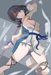 Rule 34 | 1girl, bare shoulders, black hair, blue eyes, blue ribbon, blush, breasts, detached leggings, dress, fate/grand order, fate/requiem, fate (series), fundoshi, japanese clothes, jewelry, kopaka (karda nui), large breasts, long sleeves, looking at viewer, magatama, magatama hair ornament, magatama necklace, medium hair, multicolored hair, necklace, pelvic curtain, pink hair, polearm, puffy long sleeves, puffy sleeves, ribbon, seigaiha, short dress, sideboob, sideless outfit, solo, spear, streaked hair, thighs, utsumi erice, water, weapon, white dress, white legwear