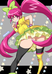 Rule 34 | 10s, 1girl, aino megumi, alternate form, artist name, ass, asymmetrical clothes, asymmetrical footwear, asymmetrical legwear, black thighhighs, boots, brooch, cure lovely, cure lovely (lollipop hip hop), dress, earrings, eyelashes, grin, hair ornament, hair ribbon, happinesscharge precure!, happy, heart, heart brooch, jewelry, joy ride, long hair, looking at viewer, magical girl, mismatched footwear, pink eyes, pink hair, precure, ribbon, signature, skirt, smile, solo, star (symbol), star earrings, thigh boots, thighhighs, thighs, twintails, uneven legwear, wrist cuffs, yellow dress, yellow skirt