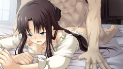 Rule 34 | 1boy, 1girl, anal, ass, bad id, bad pixiv id, barefoot, blush, bottomless, breasts, brown hair, cleavage, clothed female nude male, clothed sex, cum, cum in ass, doggystyle, ejaculation, faceless, faceless male, fate/stay night, fate (series), green eyes, hetero, lying, nude, on bed, on stomach, orgasm, pajamas, prone bone, sex, sex from behind, shiseki hirame, sweat, tohsaka rin