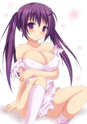 Rule 34 | 1girl, apron, arm support, blush, breasts, cleavage, collarbone, frills, hair ornament, hairclip, large breasts, looking at viewer, naked apron, no panties, purple eyes, purple hair, sitting, socks, twintails, white legwear