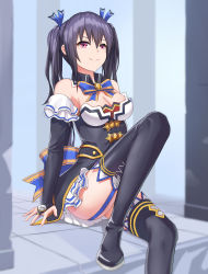 Rule 34 | 1girl, absurdres, bare shoulders, black hair, black thighhighs, boots, breasts, bridal gauntlets, cleavage, closed mouth, detached collar, detached sleeves, dress, elbow gloves, frills, garter straps, gloves, hair between eyes, hair ornament, hair ribbon, highres, long hair, looking at viewer, medium breasts, neptune (series), noire (neptunia), red eyes, ribbon, sitting, skirt, smile, solo, thigh boots, thighhighs, thighhighs under boots, twintails, very long hair, yokuu