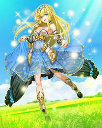 Rule 34 | 1girl, bare shoulders, blonde hair, blue eyes, boots, breasts, cleavage, day, dress, fukukitaru, grass, hairband, long hair, medium breasts, skirt hold, sky, smile, solo, sparkle, thousand memories