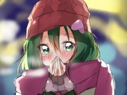 Rule 34 | 1girl, beanie, blowing on hands, blush, breath, green eyes, green hair, hair ornament, hands on own face, hat, heart, heart hair ornament, long hair, long sleeves, looking at viewer, negino ki, outdoors, scarf, serizawa momoka, solo, tokyo 7th sisters, winter, winter clothes
