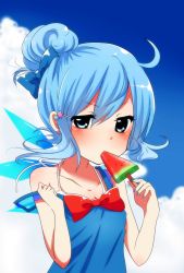 Rule 34 | 1girl, alternate hairstyle, bare shoulders, blue bow, blue eyes, blue hair, blue nails, blush, bow, cirno, collarbone, dress, earrings, food, fruit, hair bow, hair ornament, hairclip, hairpin, highres, jewelry, looking at viewer, matching hair/eyes, nail polish, negiko, popsicle, red bow, short hair, solo, star (symbol), star earrings, star hair ornament, strap slip, touhou, upper body, watermelon, watermelon bar