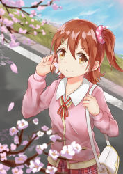 Rule 34 | 1girl, absurdres, bag, blurry, blurry foreground, blush, branch, brown eyes, brown hair, cardigan, cherry blossoms, closed mouth, collared shirt, commentary, day, depth of field, english commentary, feiyyx, flower, hair between eyes, hair ornament, hair scrunchie, hand up, highres, idolmaster, idolmaster million live!, kasuga mirai, long hair, neck ribbon, one side up, outdoors, petals, pink cardigan, pink flower, pink scrunchie, plaid, plaid skirt, pleated skirt, red ribbon, red skirt, ribbon, road, scrunchie, shirt, shoulder bag, skirt, smile, solo, white shirt
