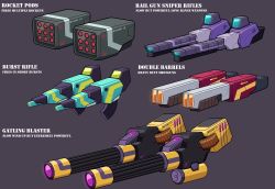 Rule 34 | absurdres, commentary, energy weapon, english commentary, english text, gatling gun, grey background, gun, highres, lextodrawstuff, missile pod, no humans, original, rifle, science fiction, shotgun, weapon, weapon focus, weapon focus