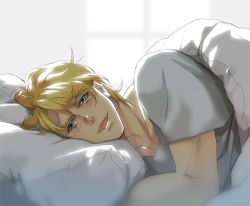 Rule 34 | 10s, 1boy, bed, blonde hair, blue eyes, erobi (0728), keith goodman, male focus, shirt, short hair, solo, t-shirt, tiger &amp; bunny, under covers
