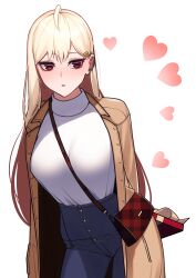 Rule 34 | 1girl, absurdres, ahoge, arms behind back, bag, between breasts, blonde hair, blue pants, blush, box, breasts, brown coat, coat, denim, gift, gift box, hair ornament, hairclip, handbag, heart, highres, holding, holding gift, jeans, jingburger, jirari, large breasts, leaning forward, long hair, long sleeves, looking at viewer, nose blush, open clothes, open coat, pants, parted lips, red eyes, simple background, solo, strap between breasts, sweater, turtleneck, turtleneck sweater, valentine, very long hair, virtual youtuber, waktaverse, white background, white sweater