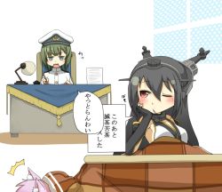 Rule 34 | 10s, animal ears, b-man, bare shoulders, black hair, comic, desk, elbow gloves, female admiral (kancolle), gloves, hairband, headgear, kantai collection, kotatsu, lamp, long hair, meme, multiple girls, nagato (kancolle), pen, personification, red eyes, table, tama (kancolle), they had lots of sex afterwards (meme), translation request, under kotatsu, under table