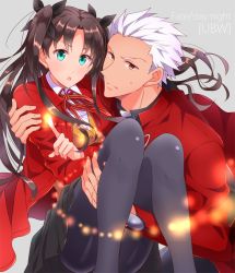 Rule 34 | 1boy, 1girl, archer (fate), blue eyes, brown eyes, carrying, fate/stay night, fate (series), iincho (airi8751), pantyhose, princess carry, tohsaka rin, two side up, white hair