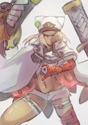 Rule 34 | 1girl, bandages, blonde hair, brown eyes, cape, clover, cross, dark skin, dark-skinned female, four-leaf clover, guilty gear, guilty gear strive, hat, highres, kawabata, midriff, ramlethal valentine, simple background, solo, stomach, sword, thick thighs, thigh strap, thighs, weapon