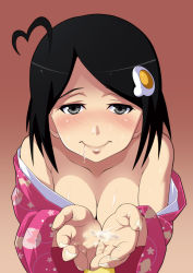 Rule 34 | 10s, 1girl, 52ikaros, absurdres, aftersex, ahoge, araragi tsukihi, bad id, bad pixiv id, bare shoulders, black hair, breasts, cleavage, cum, cum on body, cum on hands, cum on upper body, cupping hands, egg (food), food, fried egg, grey eyes, hair ornament, happy, heart, heart ahoge, highres, japanese clothes, kimono, monogatari (series), nisemonogatari, off shoulder, own hands together, parted bangs, pov, saliva, short hair, simple background, smile, solo, uncensored