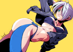 Rule 34 | 1girl, absurdres, angel (kof), arm behind head, arm up, bra, breasts, chaps, cleavage, collarbone, cropped jacket, dutch angle, fingerless gloves, from below, gloves, green eyes, hair over one eye, highres, jacket, large breasts, leather, leather jacket, looking at viewer, looking down, navel, panties, perspective, smile, snk, solo, standing, stomach, strapless, strapless bra, strikebeagle, the king of fighters, the king of fighters xiv, toned, underwear