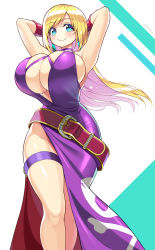 Rule 34 | 1girl, armpits, arms behind head, blonde hair, blue eyes, breasts, bursting breasts, choker, commentary request, dress, earrings, fatal fury, garou: mark of the wolves, highres, huge breasts, jenet behrn, jewelry, long hair, presenting armpit, purple choker, purple dress, raised eyebrows, shuz (dodidu), smile, solo, swept bangs, the king of fighters, thigh strap, thighs