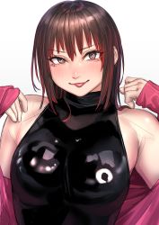Rule 34 | 1girl, blush, bodysuit, bow, brown eyes, brown hair, highres, kilye kairi, latex, latex bodysuit, long hair, looking at viewer, multicolored hair, original, red hair, simple background, skin tight, smile, solo, tongue, tongue out, two-tone hair, white background
