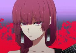 Rule 34 | 1girl, blunt bangs, bocchi the rock!, braid, closed mouth, collarbone, commentary, earrings, expressionless, eyelashes, eyes visible through hair, hair over shoulder, hanafuda earrings, highres, hiroi kikuri, jewelry, looking at viewer, lowlifescore, multicolored background, portrait, purple eyes, purple hair, single braid, solo