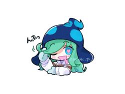 Rule 34 | 1boy, androgynous, blue headwear, blue mittens, chibi, doradorakingyo, drooling, ecolo (puyopuyo), green hair, twirling hair, heart, heart in eye, jacket, long hair, long sleeves, looking at viewer, male focus, mittens, mouth drool, one eye closed, puyopuyo, puyopuyo 7, simple background, solo, symbol in eye, twitter username, unusual ecolo, white background, white jacket, zipper pull tab