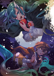 Rule 34 | 2girls, absurdly long hair, apple, aqua eyes, aqua hair, aqua nails, basket, black cloak, blouse, branch, breasts, brown cloak, brown eyes, brown hair, choker, cloak, crazy smile, crying, crying with eyes open, eve moonlit, evillious nendaiki, floating hair, food, forest, frilled shirt, frilled sleeves, frills, fruit, full moon, hair ribbon, hatsune miku, hetero, highres, holding, holding basket, holding food, holding fruit, hood, hood down, hooded cloak, leaf, long hair, looking at viewer, majo salmhofer no toubou (vocaloid), medium breasts, meiko (vocaloid), meta salmhofer, moon, moonlit bear (vocaloid), multiple girls, nail polish, nature, night, open mouth, red apple, red eyes, ribbon, shirt, short hair, silhouette, smile, surprised, tears, tree, twintails, ui (rot), very long hair, vocaloid, white shirt
