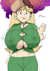 Rule 34 | 1girl, blonde hair, blunt bangs, breasts, bursting breasts, cleavage, cosplay, cowboy shot, earrings, english text, facing viewer, flannel, fur hat, gravity falls, green pants, green shirt, hat, highres, huge breasts, jewelry, long hair, looking at viewer, maydrawfag, navel, no bra, pacifica northwest, pants, shirt, simple background, skindentation, solo, standing, straining buttons, thought bubble, trembling, ushanka, waving, wendy corduroy, wendy corduroy (cosplay), white background