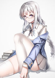 Rule 34 | 1girl, absurdres, blazer, blouse, blue jacket, book, braid, braided ponytail, breasts, character request, choker, commentary request, glasses, grey skirt, hair ornament, highres, jacket, jacket on shoulders, long hair, looking at viewer, lubikaya, necktie, purple eyes, shirt, silver hair, sitting, sitting on lap, sitting on person, skirt, solo, thighhighs, tight clothes, warship girls r, white background, white shirt, white thighhighs