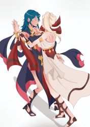 Rule 34 | 2girls, absurdres, alternate costume, alternate hairstyle, aqua hair, back, breasts, byleth (female) (fire emblem), byleth (fire emblem), dancer, dancer (fire emblem: three houses), dancing, dress, edelgard von hresvelg, fire emblem, fire emblem: three houses, gladiator sandals, hand on another&#039;s face, highres, holding hands, jewelry, looking at another, multiple girls, necklace, nintendo, open mouth, ramyeonn, sandals, sash, shawl, side ponytail, silver hair, simple background, yuri