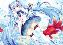 Rule 34 | 1girl, blue eyes, blue hair, bow, bowtie, bubble, detached sleeves, fish, hatsune miku, hecha (01964237), long hair, microphone, skirt, solo, thighhighs, twintails, very long hair, vocaloid, walking