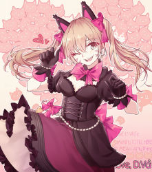 Rule 34 | 1girl, animal ears, black cat d.va, black dress, black gloves, blonde hair, bow, breasts, cat ears, character name, cleavage, corset, cowboy shot, d.va (overwatch), dress, earrings, frilled dress, frills, gloves, heart, heart earrings, jewelry, lolita fashion, looking at viewer, medium breasts, official alternate costume, open mouth, overwatch, overwatch 1, pink background, pink bow, puffy short sleeves, puffy sleeves, short sleeves, smile, solo, twintails, zhong chai