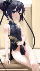 Rule 34 | 1girl, bare shoulders, black dress, black gloves, black hair, blue archive, blush, braid, braided bun, breasts, butterfly hair ornament, china dress, chinese clothes, double bun, dragon print, dress, feet out of frame, gloves, grey eyes, hair bun, hair ornament, half gloves, halo, highres, kisaki (blue archive), legs, long hair, looking at viewer, no panties, pelvic curtain, short dress, side slit, sitting, small breasts, solo, thighs, totororo, twintails